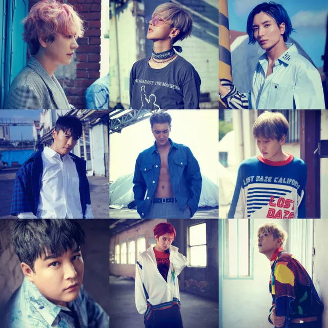 Kyuhyun, Yesung, Leeteuk, Donghae, Siwon, Eunhyuk, Shindong, Heechul y Reyewoook de Super Junior con sus estilos para 'Time_Slip'.