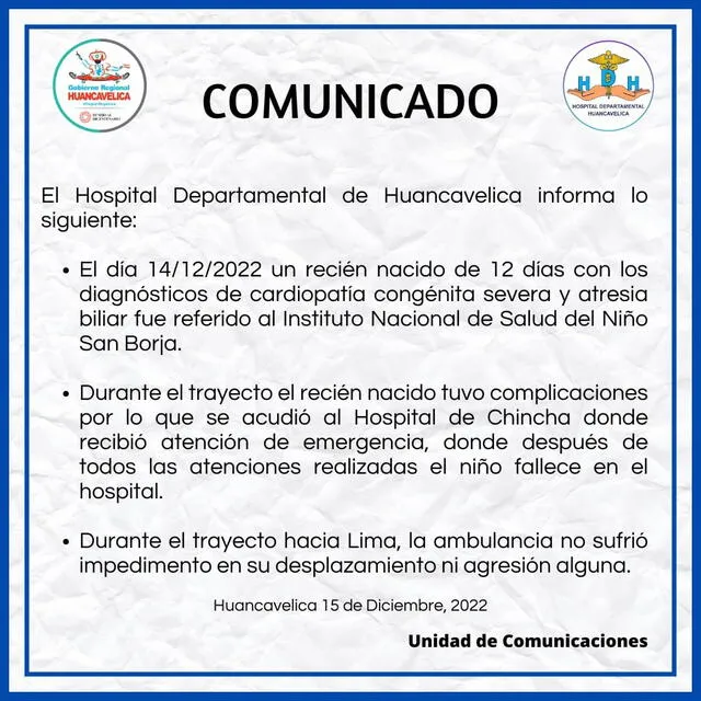 Comunicado del Hospital Regional Zacarías Correa Valdivia de Huancavelica