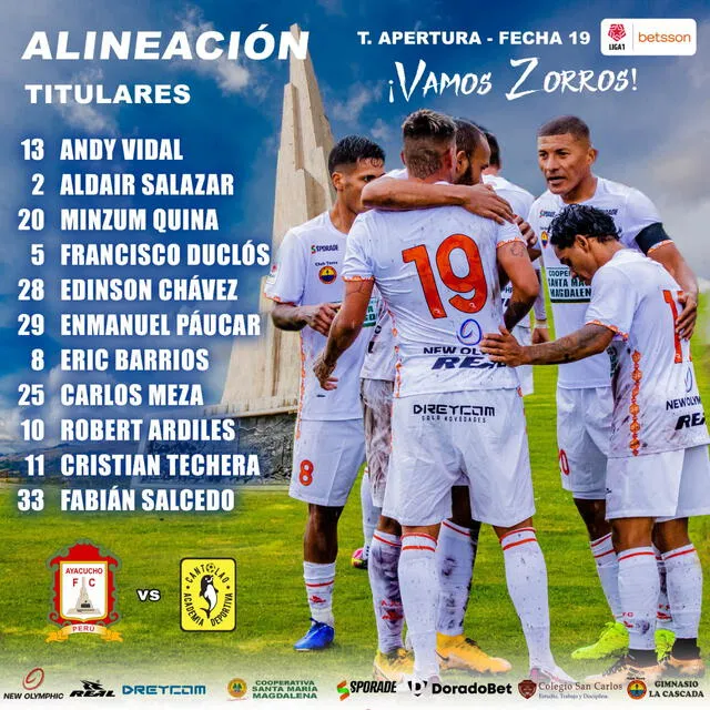 Equipo titular de los zorros. Foto: Ayacucho FC