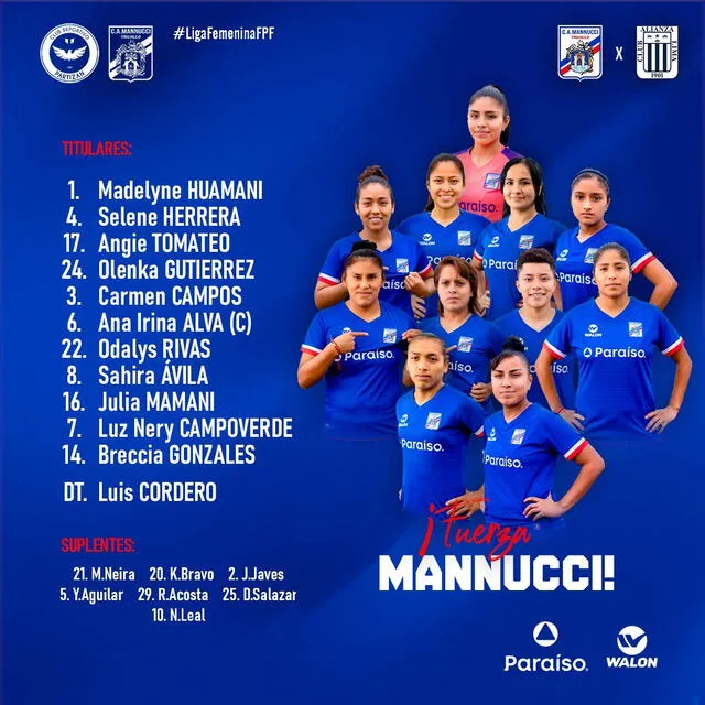 Las titulares de Mannucci para enfrentar a Alianza Lima por la Liga Femenina 2021. Foto: Carlos Mannucci