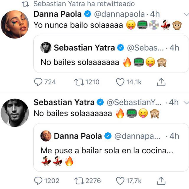 Sebastián Yatra y Danna Paola se envían mensajes. Foto: captura Twitter