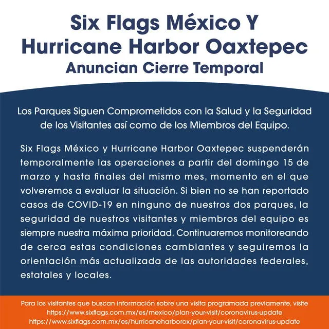 Six Flags, comunicado a través de redes sociales. (Foto: @SixFlagsMexico)