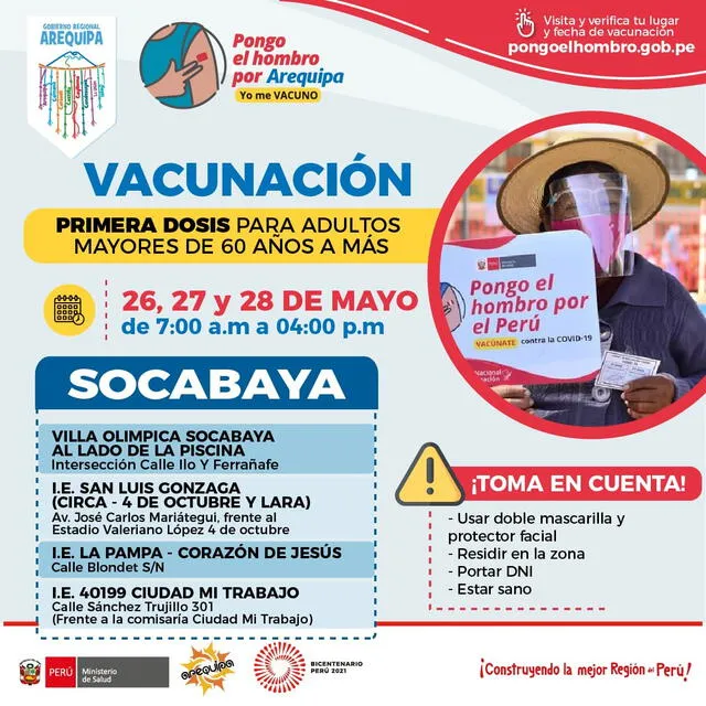 COVID-19: el miércoles inicia vacunación a mayores de 60 años en Arequipa
