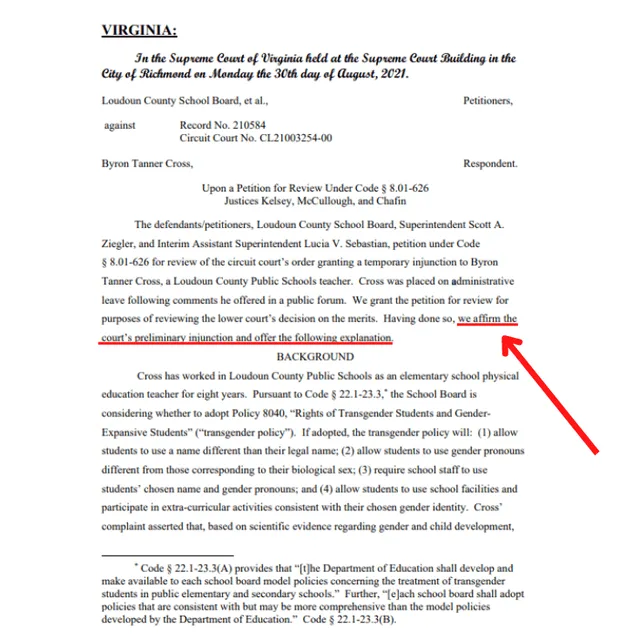 Primera página de la resolución de la Corte Suprema de Virginia a favor de Taner Cross. Foto: remarcado LR/ captura de la página de Alliance Defending Freedom (ADF).