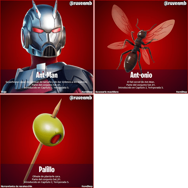 Todos los artículos que incluye la skin Ant-Man. Foto: Twitter / @ruvenmb