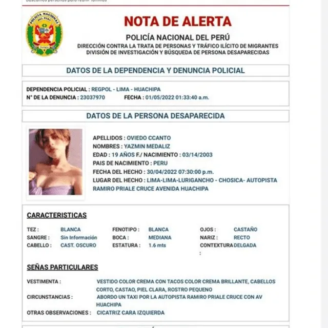 Denuncia de desaparición de Yazmin Medaliz Oviedo Ccanto. Denuncia de desaparición de Yazmin Medaliz Oviedo Ccanto.