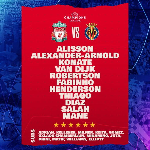 Formación inicial de los reds. Foto: Liverpool