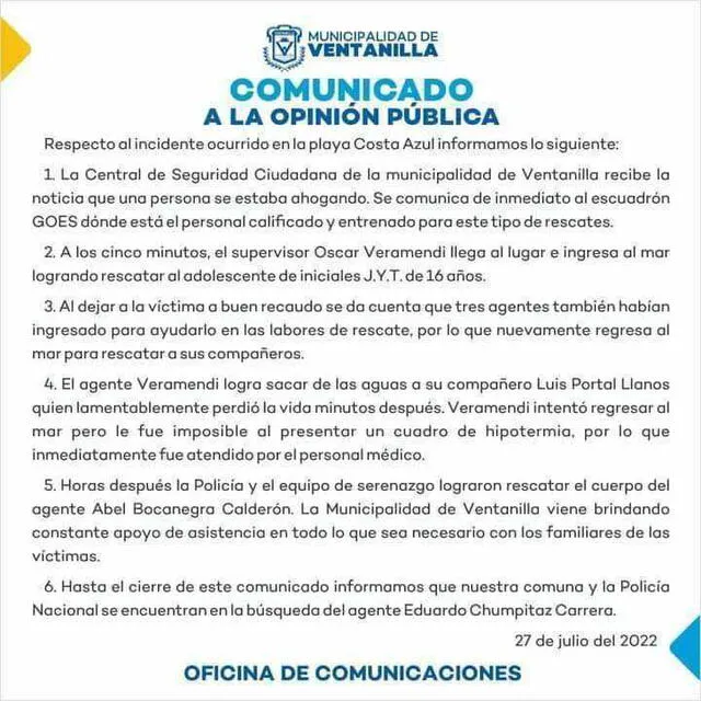 Comunicado oficial sobre los hechos acontecidos. Foto: Municipalidad de Ventanilla