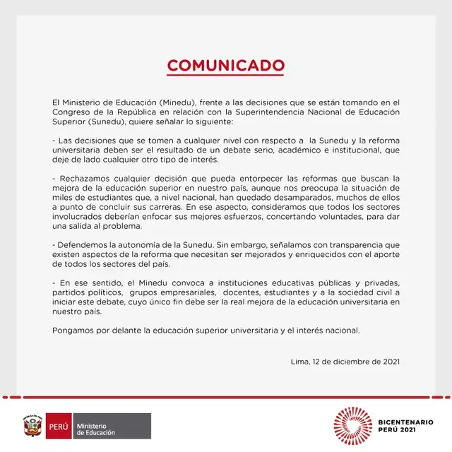Comunicado del Minedu sobre la Sunedu. Foto: Ministerio de Educación
