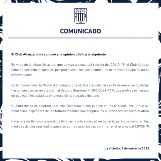 Comunicado de Alianza Lima. Foto: Alianza Lima