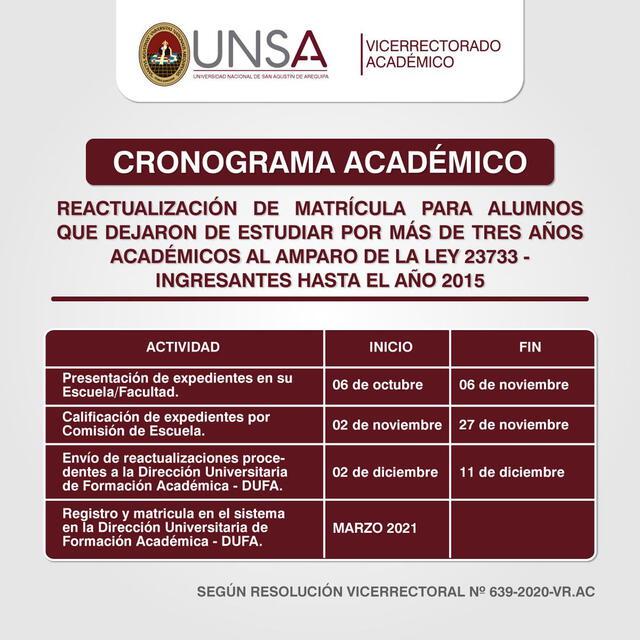 UNSA publica el cronograma para reactualización de matriculas.