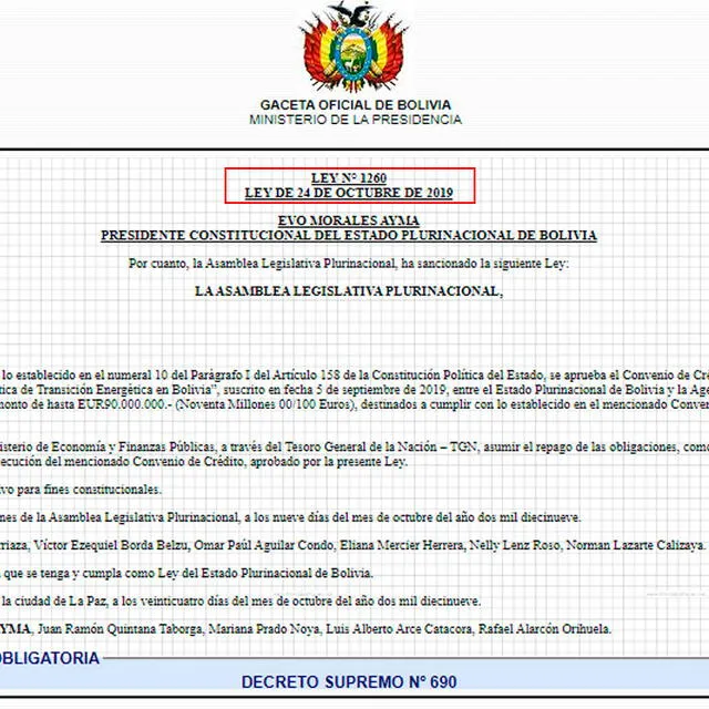 La última ley publicada en la Gaceta Oficial de Bolivia es del 24 de octubre del 2019.