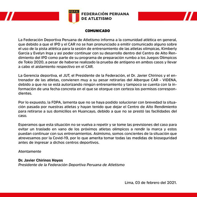 Comunicado oficial de la Federación Peruana de Atletismo.