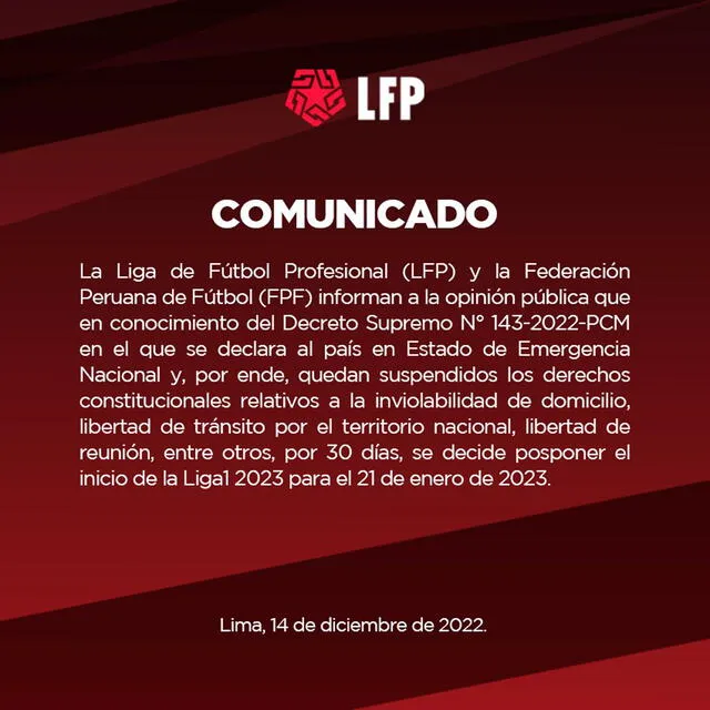 Comunicado de la Liga 1. Foto: Liga de Fútbol Profesional
