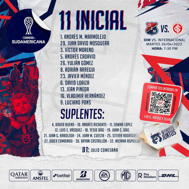 Alineación titular de DIM para enfrentar a Inter de Porto Alegre. Foto: Twitter DIM