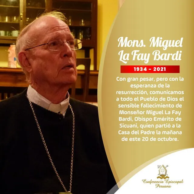 Conferencia Episcopal Peruana comunica el sensible fallecimiento de Monseñor Miguel La Fay Bardi O. Carm. Foto: Conferencia Episcopal Peruana.