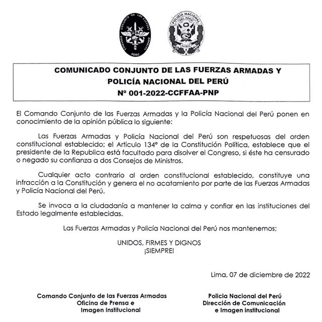 Pronunciamiento del Comando Conjunto tras golpe de Estado.