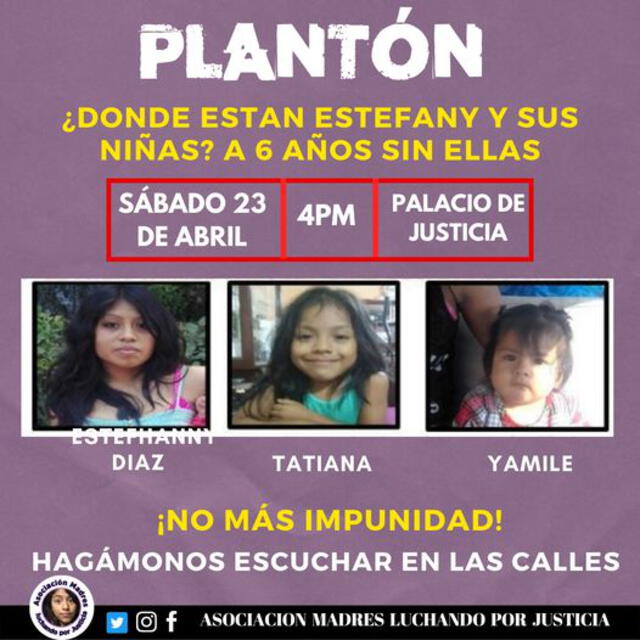 Convocan plantón por desaparición de Esthefanny Díaz y sus hijas en 2016. Foto: asociación Madres luchando por justicia