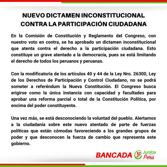 Juntos por el Perú rechaza dictamen que prohíbe referéndum para reformas constitucionales. Foto: captura de Twitter