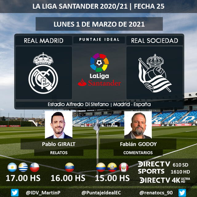 Real Madrid vs Real Sociedad vía DirecTV Sports. Foto: Puntaje Ideal/Twitter