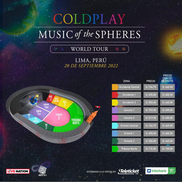 Las entradas para ver a Coldplay en Lima varían entre 150 y 793.50 soles. Foto: Live Nation/Teleticket