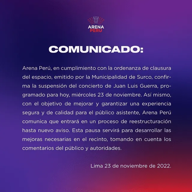 Arena Perú envía comunicado tras clausura del local