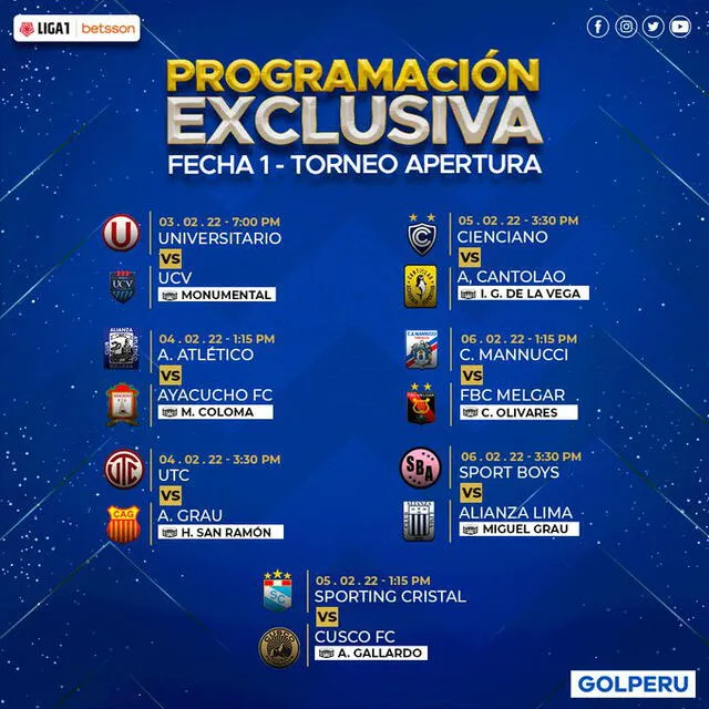 Programación de partidos de la Liga 1. Foto: Twitter GolPerú