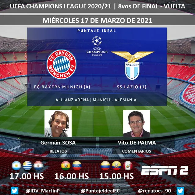 Bayern Múnich vs Lazio por ESPN 2. Foto: Puntaje Ideal/Twitter