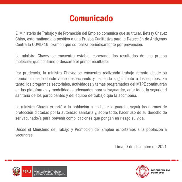 Betssy Chavez - Ministerio de Trabajo - COVID 19