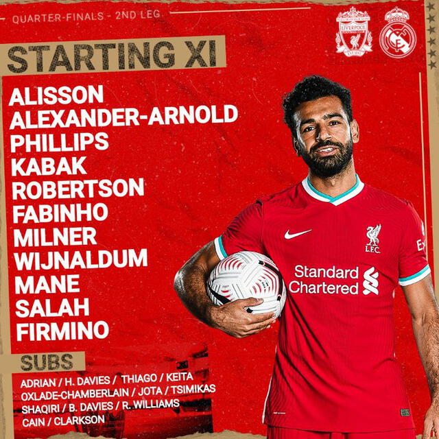 Alineación oficial del Liverpool ante Real Madrid. Foto: Liverpool FC