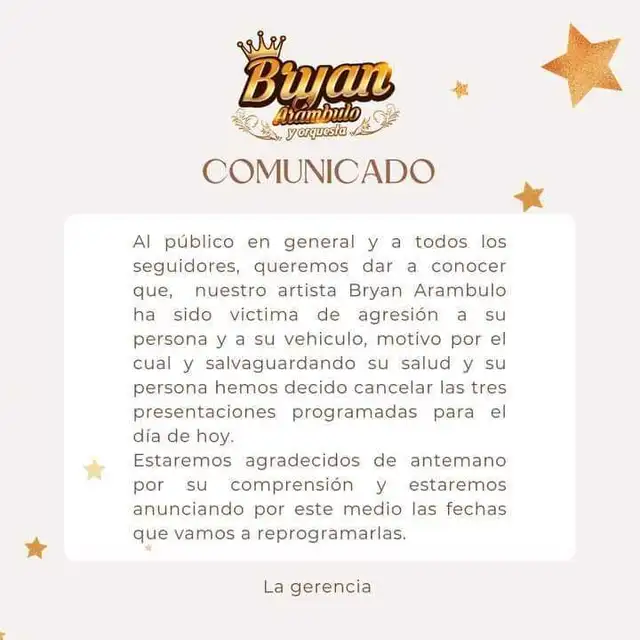 Comunicado que el equipo de trabajo de Bryan Arámbulo difundió. Foto: difusión Comunicado que el equipo de trabajo de Bryan Arámbulo difundió. Foto: difusión