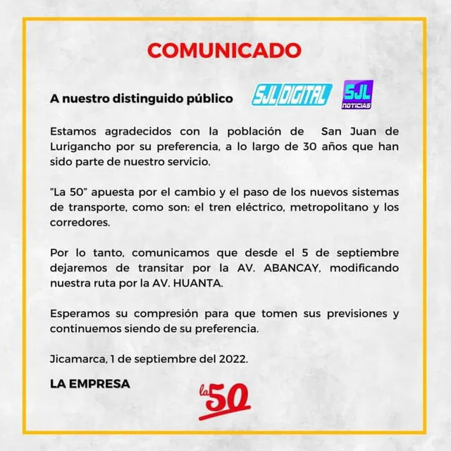 Comunicado La 50. Foto: Facebook