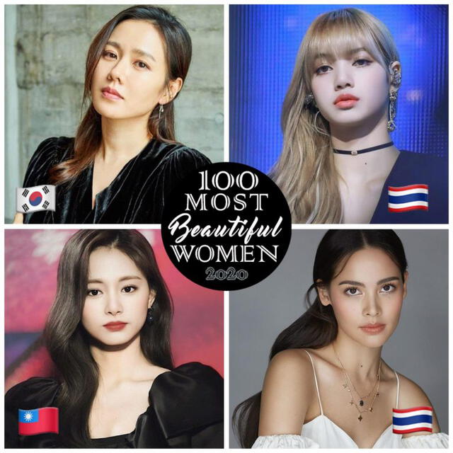 100 Most Beautiful Women in the World 2020:  1. Son Ye Jin, COREA DEL SUR / 2. Lalisa Manoban, TAILANDIA / 3. Tzuyu, TAIWÁN / 4. Urassaya Sperbund, TAILANDIA