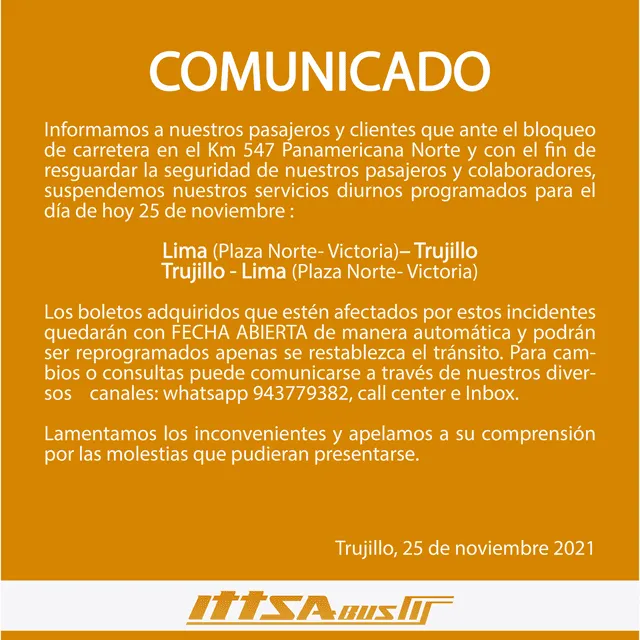 Comunicado de Ittsa sobre servicio.