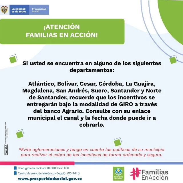 Locales donde se podrá cobrar el bono de Familias en Acción en el Banco Agrario. Foto: Twitter @ProsperidadCol