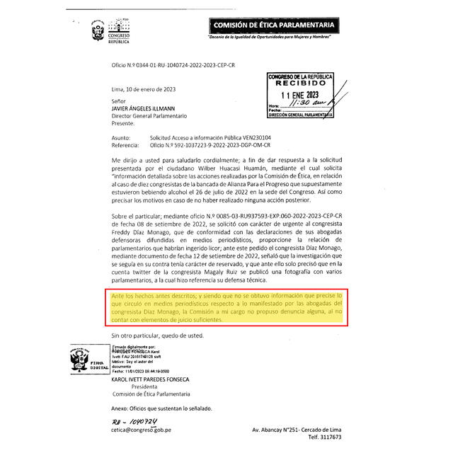 Karol Paredes (AP) informa que la comisión a su cargo no propuso denuncia. Tampoco realizó otras diligencias.