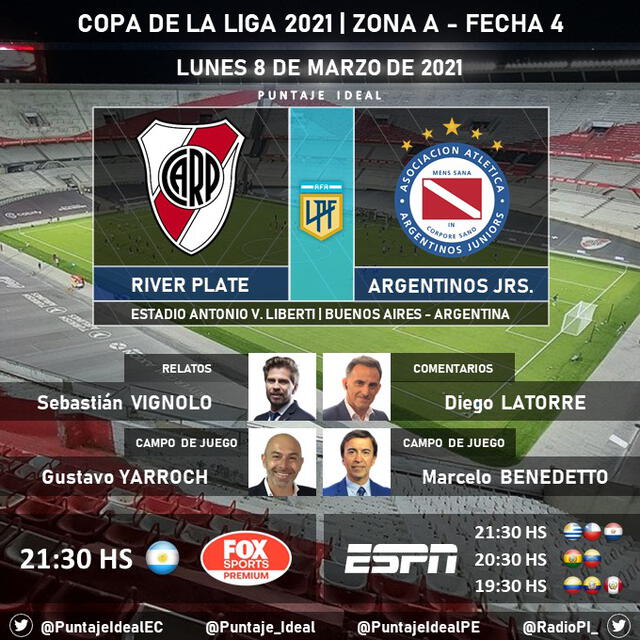 River Plate vs Argentinos Juniors por Fox Sports Premium. Foto: Puntaje Ideal/Twitter