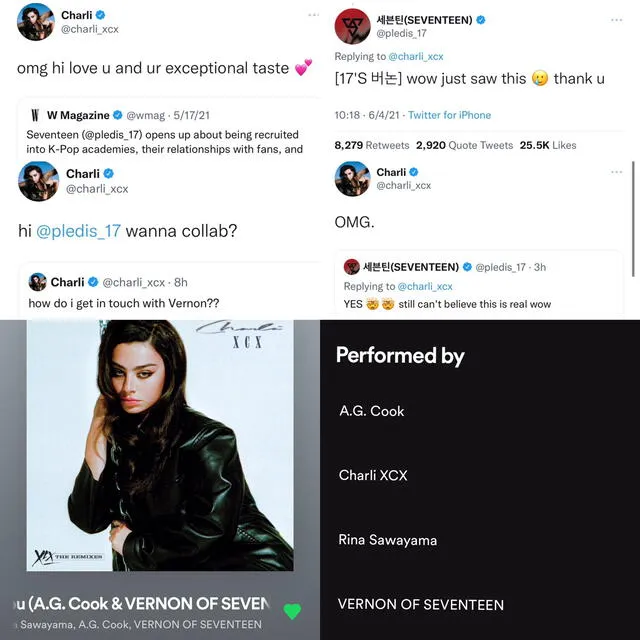 Interacciones de Vernon y Charli XCX. Foto: capturas de Twitter