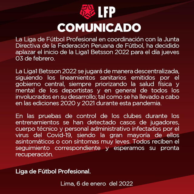 Comunicado Liga 1 sobre aplazar inicio del torneo peruano. Foto: @LigaFutProf