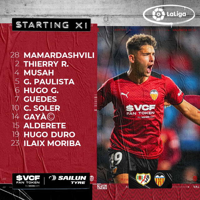 Formación titular de Valencia vs. Rayo Vallecano. Foto: Valencia