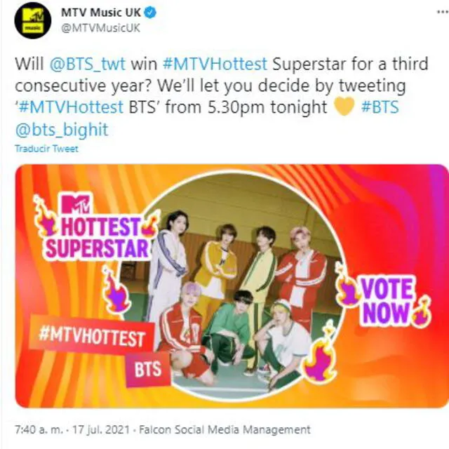 MTV presenta a BTS como nominado en MTV Hottest. Foto: captura Twitter