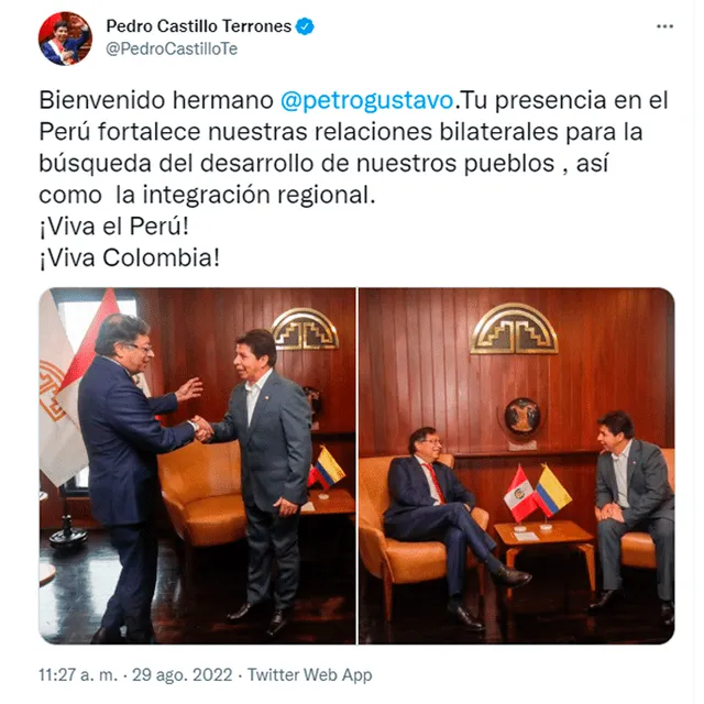 Tweet de Pedro Castillo sobre la reunión que tuvo con su homólogo colombiano