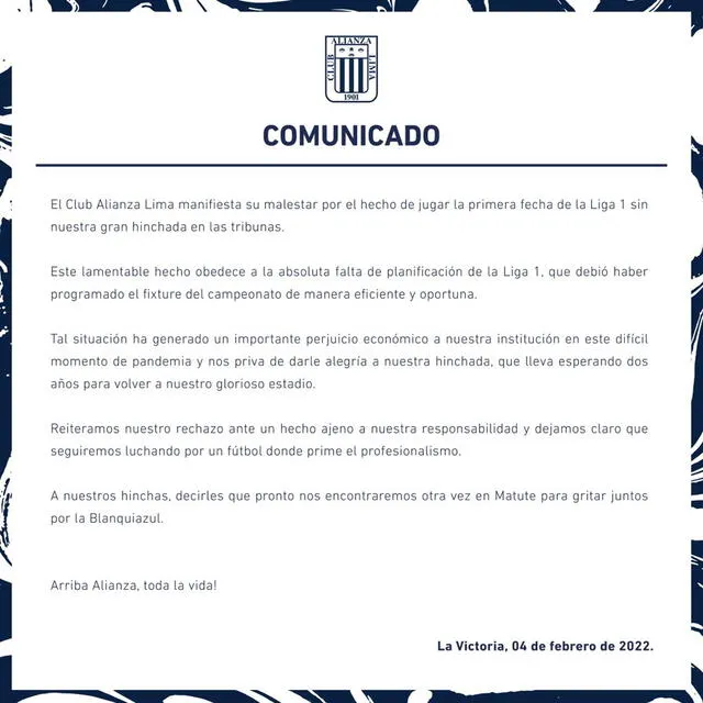 Alianza Lima se pronunció tras no poder contar con público en el encuentro ante Atlético Grau. Foto: Alianza Lima.