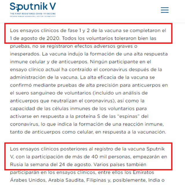 Captura de pantalla de la página web de la vacuna rusa Sputnik V.
