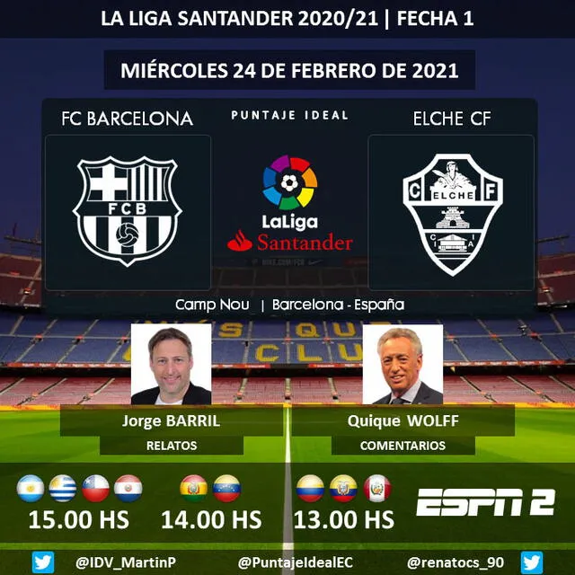Barcelona vs Elche por ESPN 2. Foto: Puntaje Ideal EC/Twitter