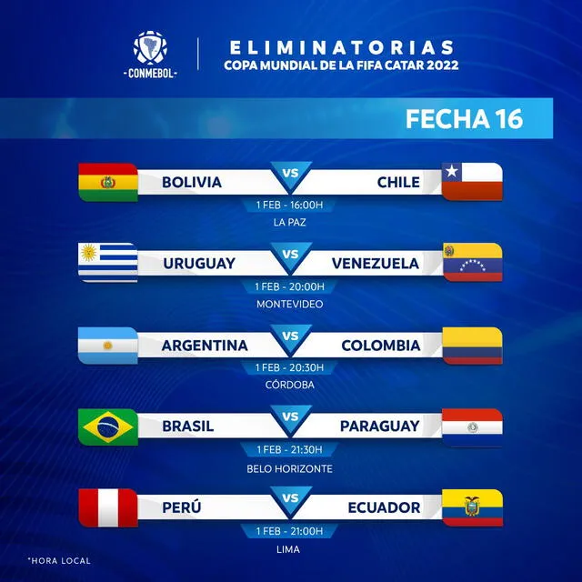 Programación de la fecha 16 con horas locales. Foto: Conmebol