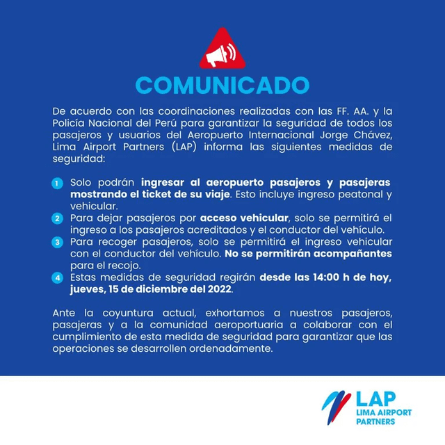  Comunicado de LAP sobre restricciones del ingreso al aeropuerto Jorge Chávez. Foto: Twitter/LAP<br>   