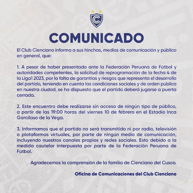 Comunicado sobre el partido ante Cusco FC. Foto: Cienciano 