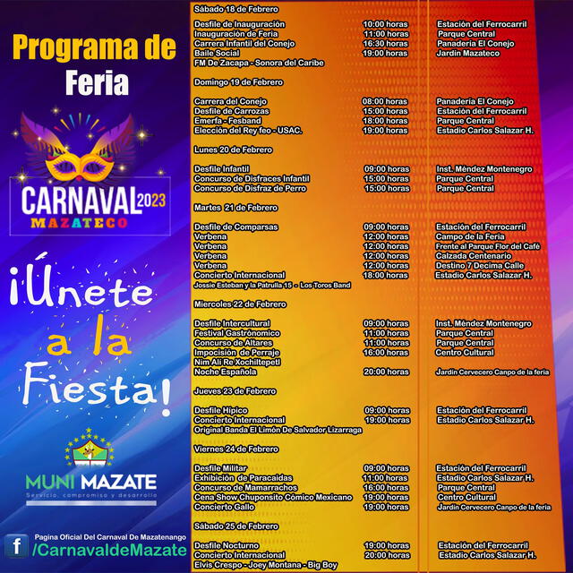 Programación del Carnaval de Mazatenango 2023. Foto: Facebook/Carnaval Mazateco   