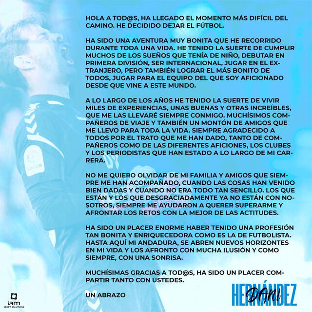 Publicación de Dani Hernández donde anuncia su retiro. Foto: Danihs21 / Twitter   